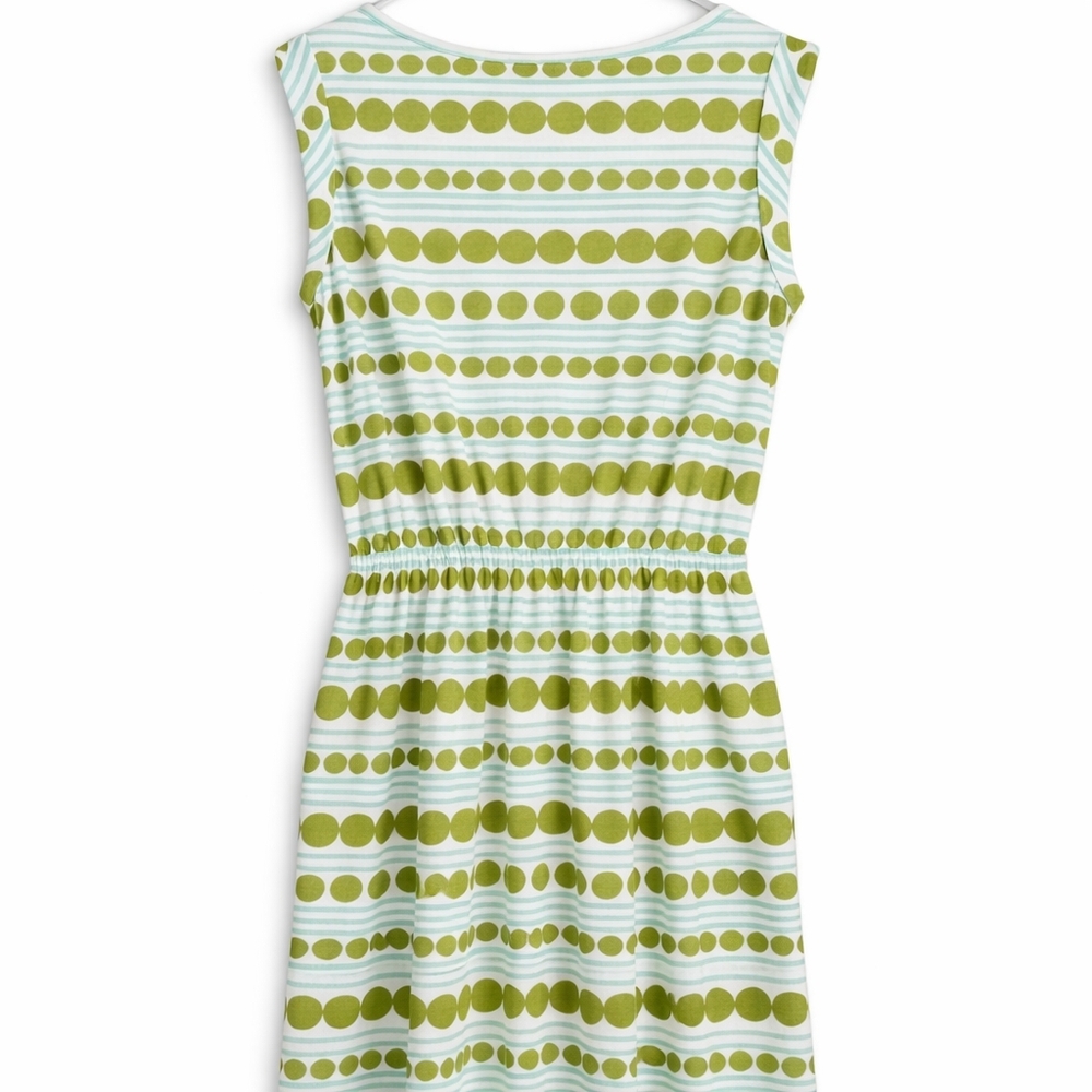 Boden Green Polka Dot Stripe Jersey Dress Cinched Waist Sleeveless US 8L Midi - Picture 6 of 11